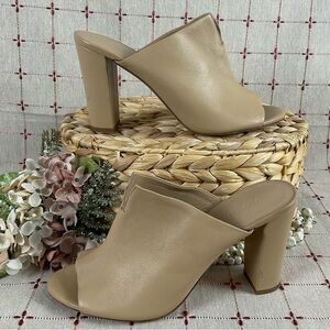 Vince Vero Cuoio Soft Calfskin Leather Tan Heeled Sandals Mules Size 9.5 39.5